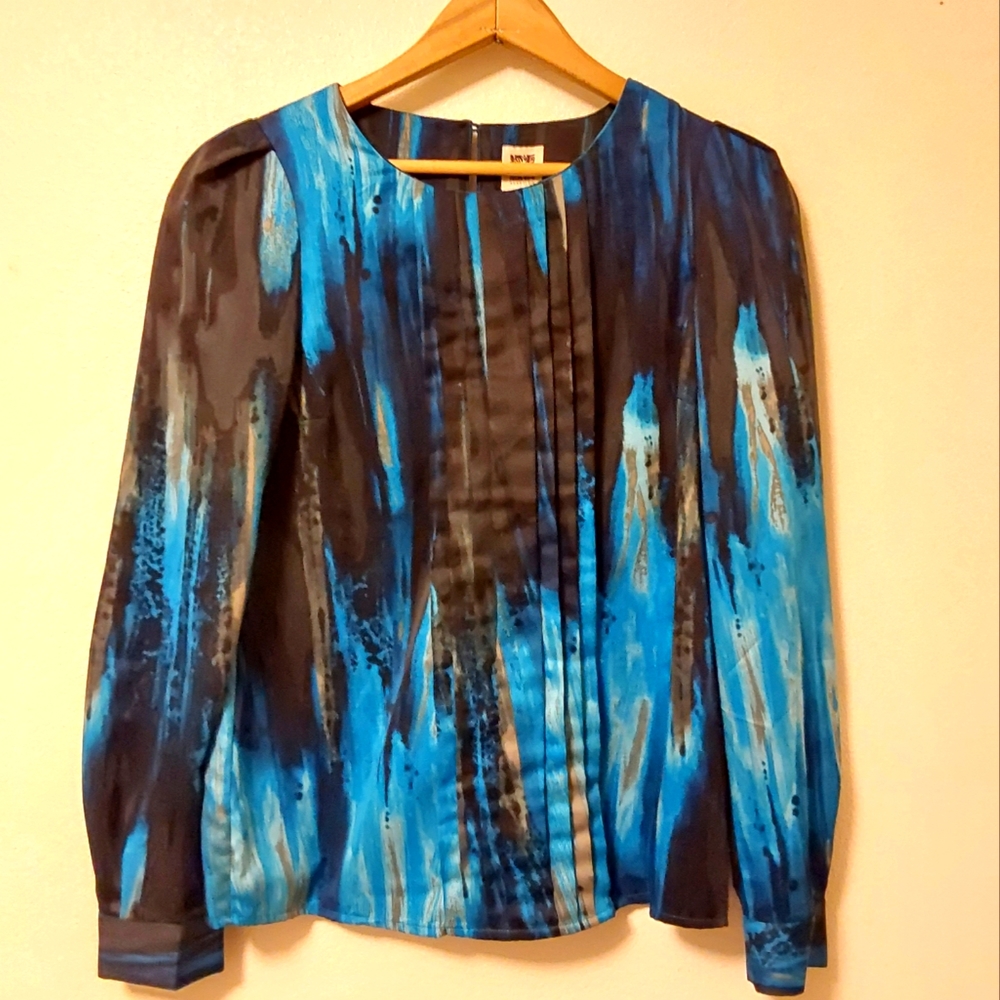Anne Klein Blouse Silky Long Sleeve Small New Blue Black Pleated